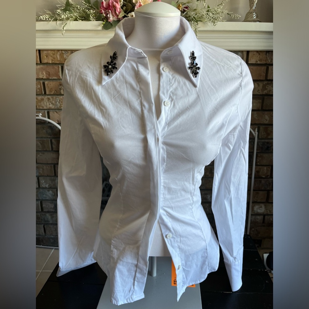 A white button down, with a beaded collar!
